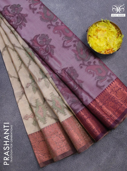 Banarasi semi tussar saree beige and wine shade with allover ikat weaves and copper zari woven border