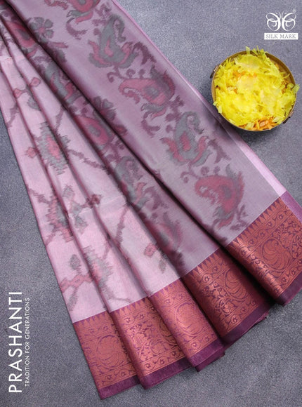 Banarasi semi tussar saree dual shade of pink and wine shade with allover ikat weaves and copper zari woven border