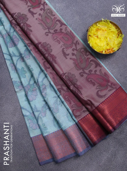 Banarasi semi tussar saree teal blue shade and wine shade with allover ikat weaves and copper zari woven border