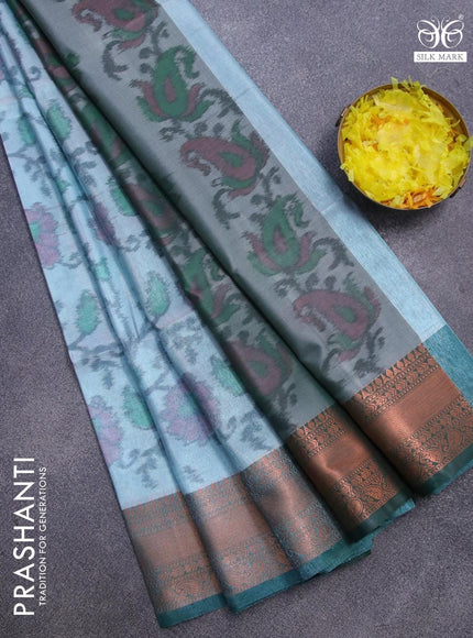 Banarasi semi tussar saree light blue shade and green with allover ikat weaves and copper zari woven border