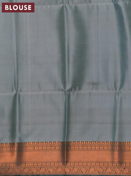 Banarasi semi tussar saree light blue shade and green with allover ikat weaves and copper zari woven border