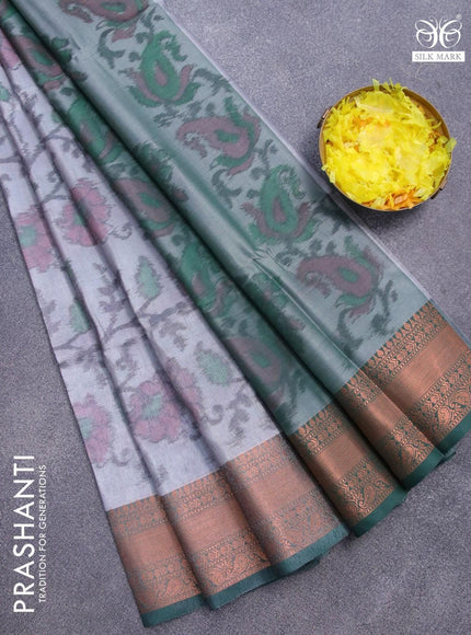 Banarasi semi tussar saree grey and green with allover ikat weaves and copper zari woven border