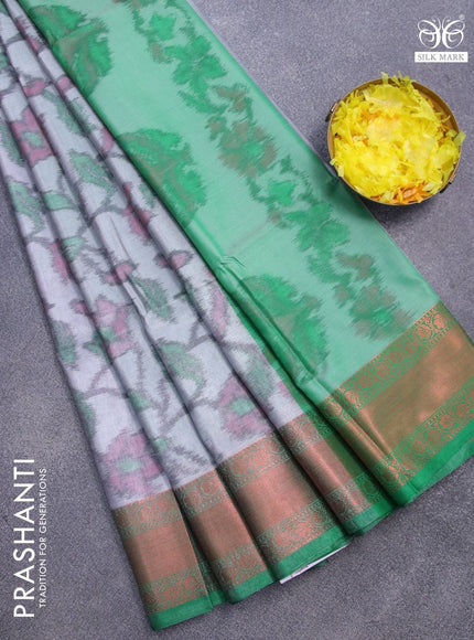 Banarasi semi tussar saree grey and green with allover ikat weaves and copper zari woven border