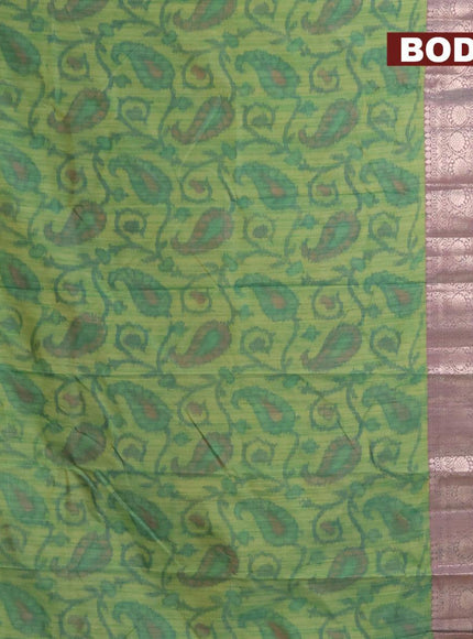 Banarasi semi tussar saree green and pink with allover ikat weaves and long zari woven border