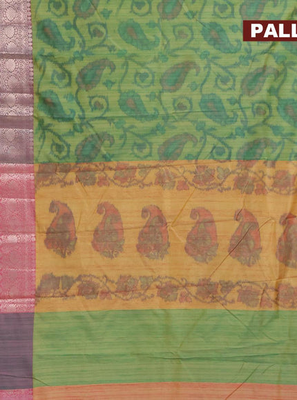 Banarasi semi tussar saree green and pink with allover ikat weaves and long zari woven border