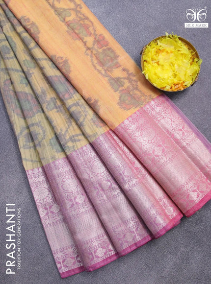 Banarasi semi tussar saree yellow shade and pink with allover ikat weaves and long zari woven border