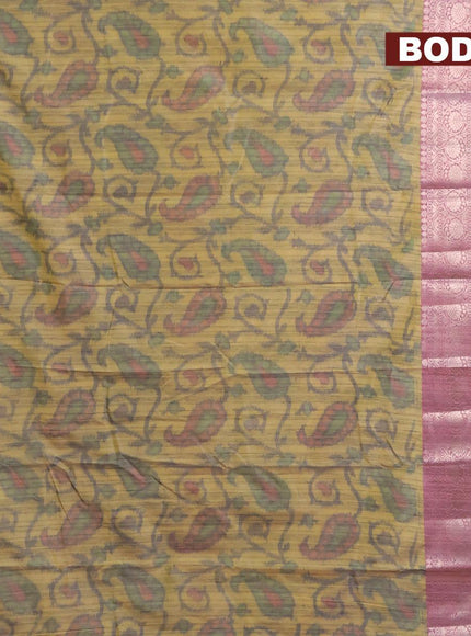 Banarasi semi tussar saree yellow shade and pink with allover ikat weaves and long zari woven border