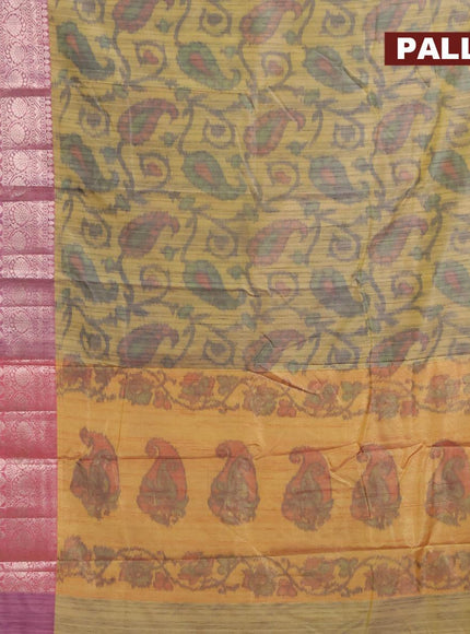 Banarasi semi tussar saree yellow shade and pink with allover ikat weaves and long zari woven border