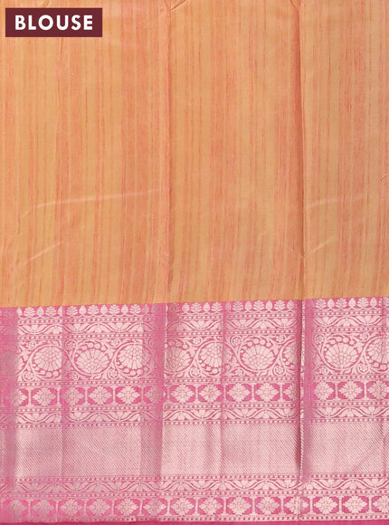 Banarasi semi tussar saree yellow shade and pink with allover ikat weaves and long zari woven border