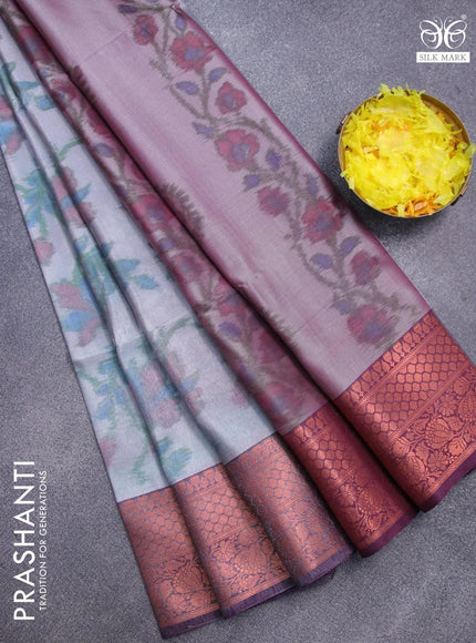 Banarasi semi tussar saree grey shade and deep purple with allover ikat weaves and copper zari woven border