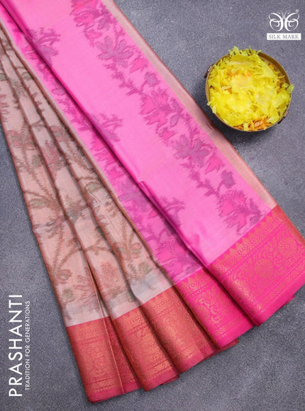 Banarasi semi tussar saree peach shade and pink with allover ikat weaves and copper zari woven border