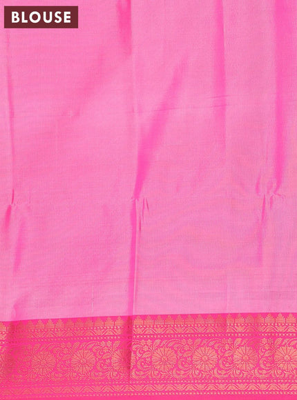 Banarasi semi tussar saree peach shade and pink with allover ikat weaves and copper zari woven border