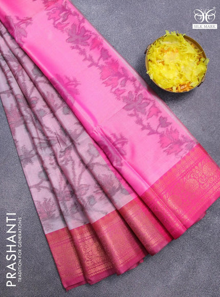 Banarasi semi tussar saree light pink and pink with allover ikat weaves and copper zari woven border