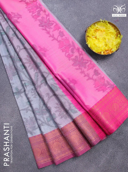 Banarasi semi tussar saree grey and pink with allover ikat weaves and copper zari woven border