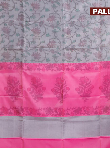 Banarasi semi tussar saree grey and pink with allover ikat weaves and copper zari woven border