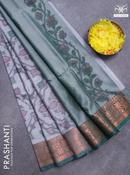 Banarasi semi tussar saree grey and dark green with allover ikat weaves and copper zari woven border