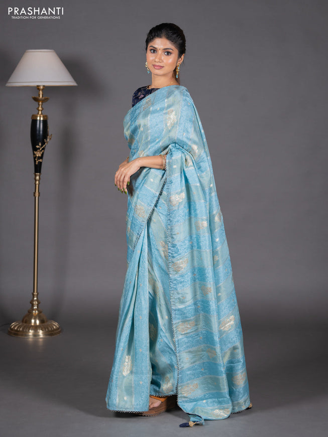 Banarasi semi silk saree pastel blue and navy blue with allover self emboss & zari weaves and beaded work border