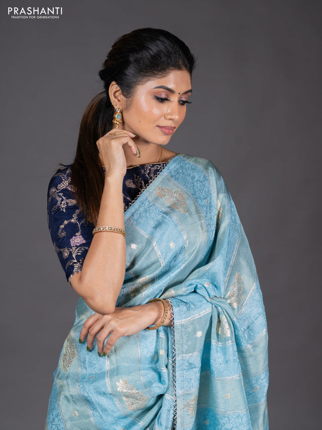 Banarasi semi silk saree pastel blue and navy blue with allover self emboss & zari weaves and beaded work border