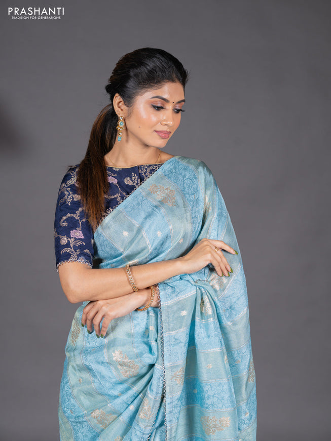 Banarasi semi silk saree pastel blue and navy blue with allover self emboss & zari weaves and beaded work border