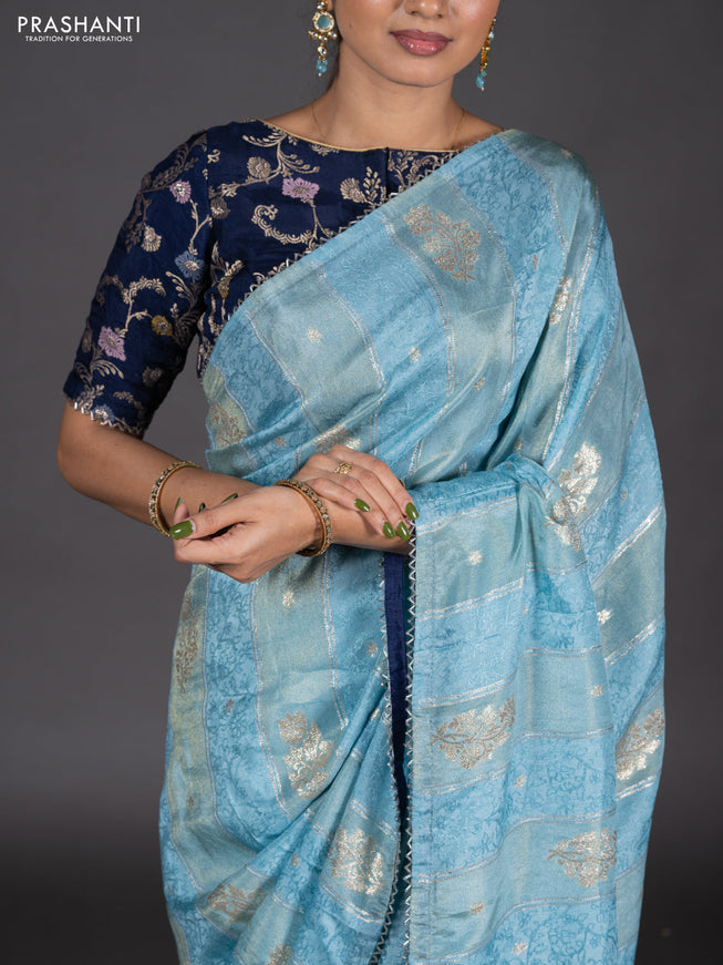 Banarasi semi silk saree pastel blue and navy blue with allover self emboss & zari weaves and beaded work border