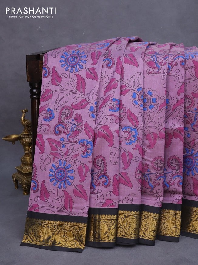 Silk cotton saree pastel violet and black with allover kalamkari prints and zari woven korvai border