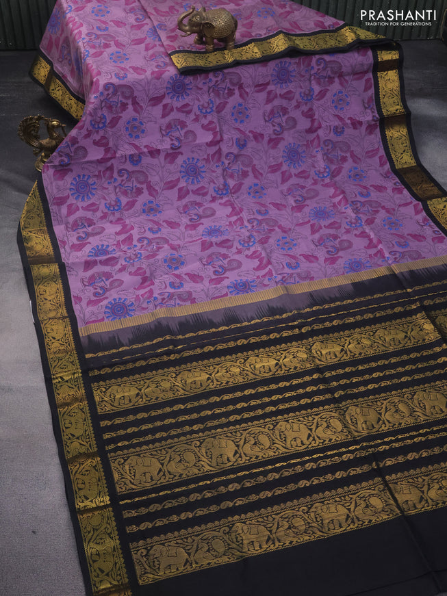 Silk cotton saree pastel violet and black with allover kalamkari prints and zari woven korvai border