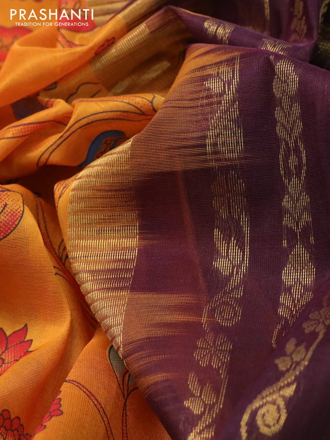 Silk cotton saree mustard yellow and coffee brown with allover kalamkari prints and zari woven korvai border