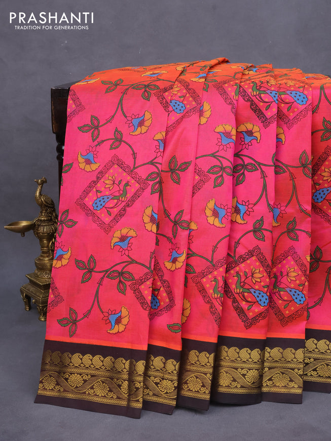 Silk cotton saree pink and coffee brown with allover kalamkari prints and zari woven korvai border