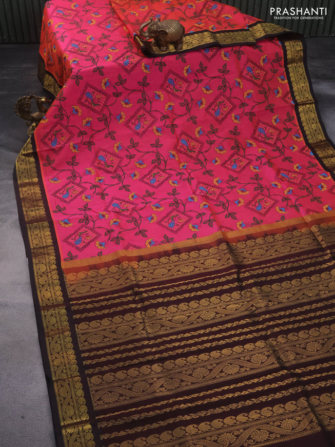 Silk cotton saree pink and coffee brown with allover kalamkari prints and zari woven korvai border