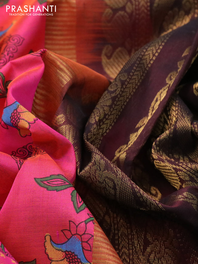 Silk cotton saree pink and coffee brown with allover kalamkari prints and zari woven korvai border