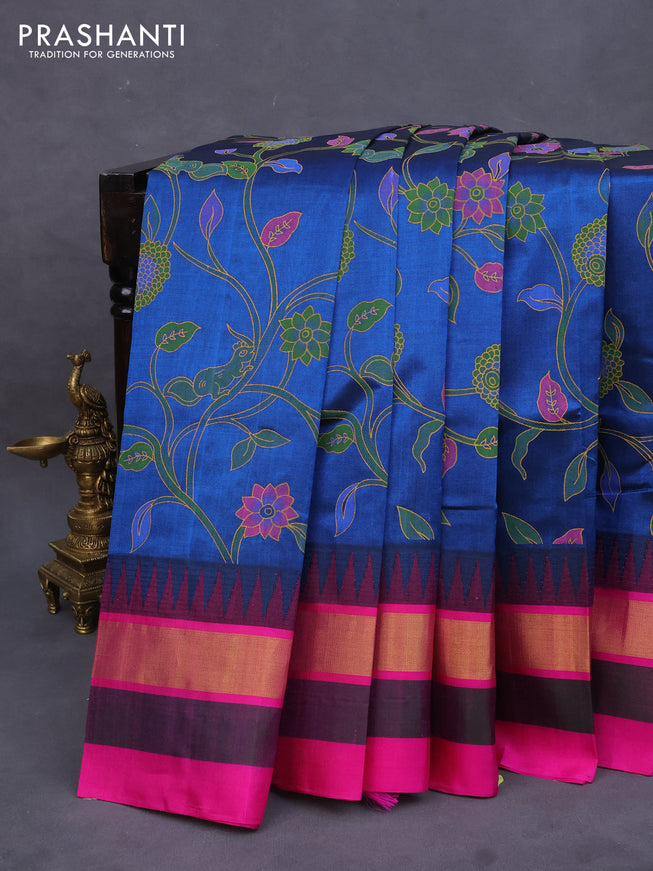 Silk cotton saree peacock blue and pink with allover kalamkari prints and temple design zari woven simple border