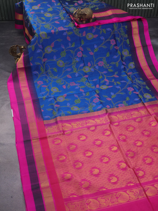 Silk cotton saree peacock blue and pink with allover kalamkari prints and temple design zari woven simple border