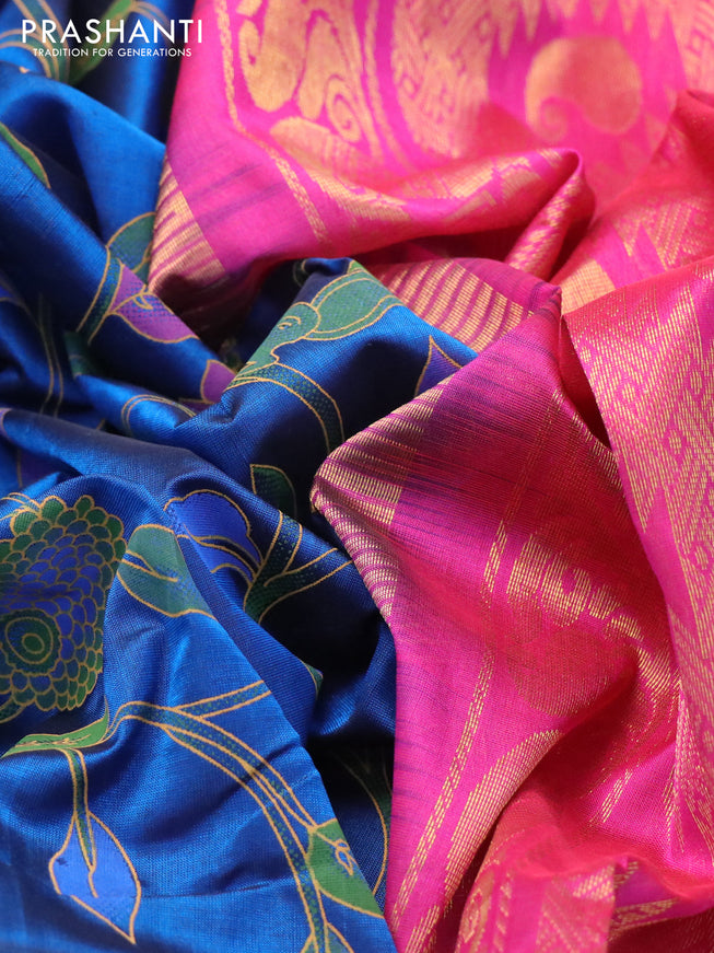 Silk cotton saree peacock blue and pink with allover kalamkari prints and temple design zari woven simple border