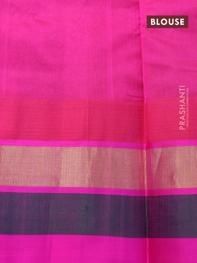 Silk cotton saree peacock blue and pink with allover kalamkari prints and temple design zari woven simple border