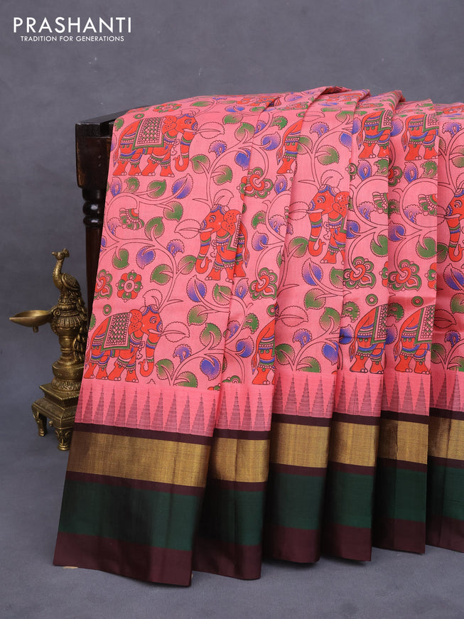 Silk cotton saree peach pink and coffee brown with allover kalamkari prints and temple design zari woven simple border