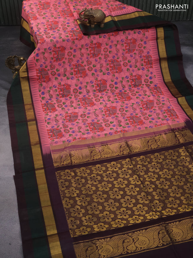 Silk cotton saree peach pink and coffee brown with allover kalamkari prints and temple design zari woven simple border