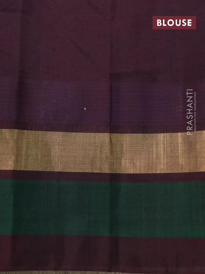 Silk cotton saree peach pink and coffee brown with allover kalamkari prints and temple design zari woven simple border