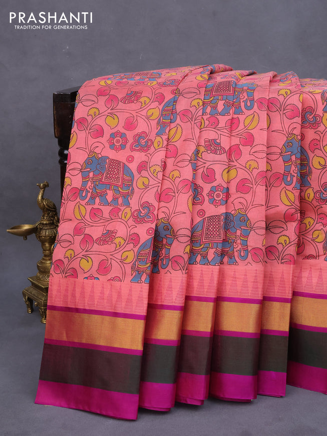 Silk cotton saree peach pink shade and purple with allover kalamkari prints and temple design zari woven simple border