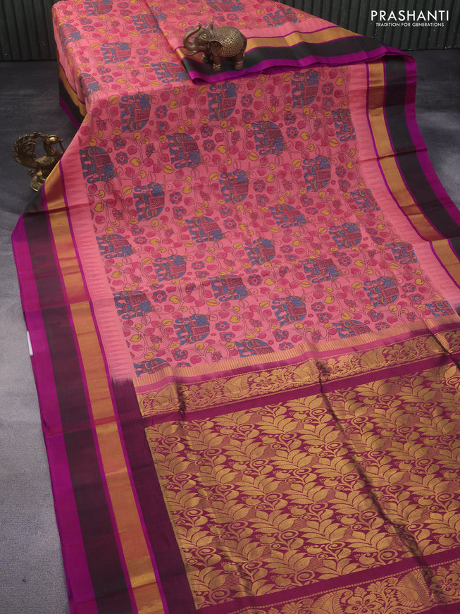 Silk cotton saree peach pink shade and purple with allover kalamkari prints and temple design zari woven simple border