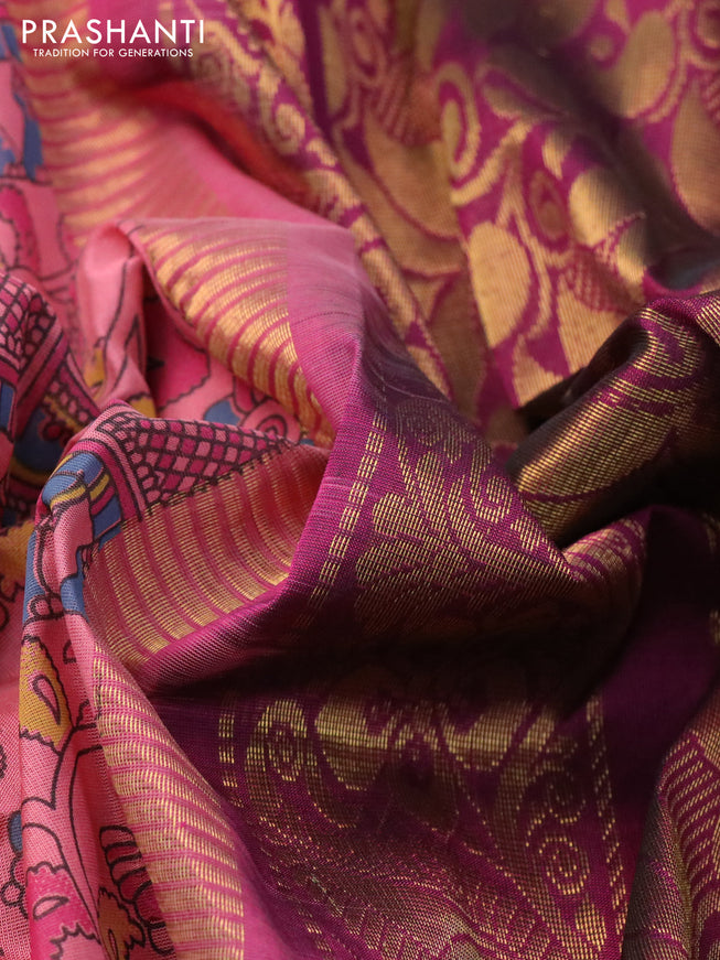 Silk cotton saree peach pink shade and purple with allover kalamkari prints and temple design zari woven simple border