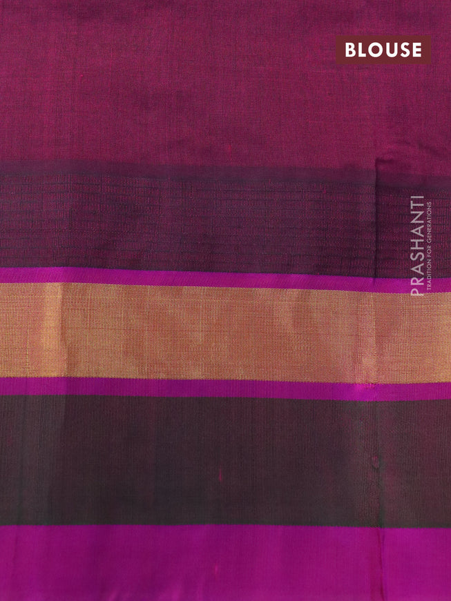 Silk cotton saree peach pink shade and purple with allover kalamkari prints and temple design zari woven simple border