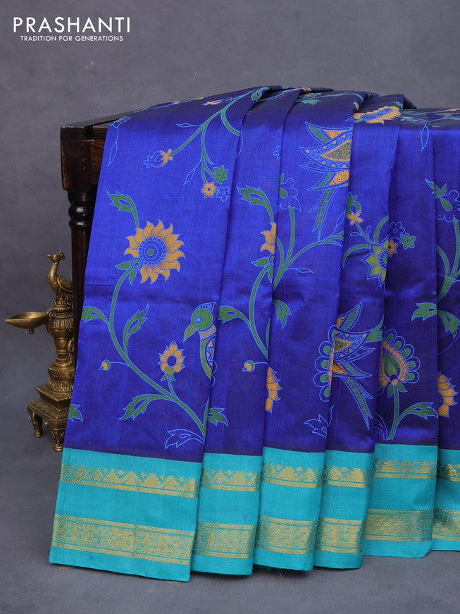 Silk cotton saree royal blue and teal shade with allover kalamkari prints and rettapet zari woven border