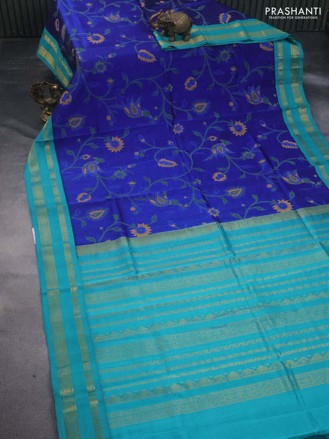 Silk cotton saree royal blue and teal shade with allover kalamkari prints and rettapet zari woven border