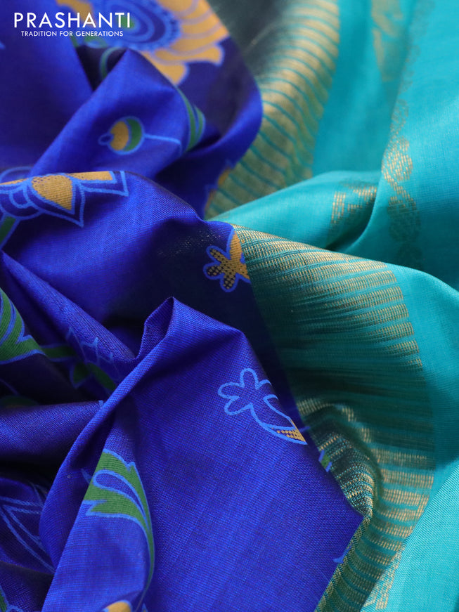 Silk cotton saree royal blue and teal shade with allover kalamkari prints and rettapet zari woven border