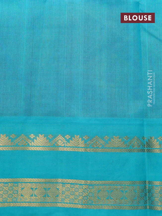 Silk cotton saree royal blue and teal shade with allover kalamkari prints and rettapet zari woven border