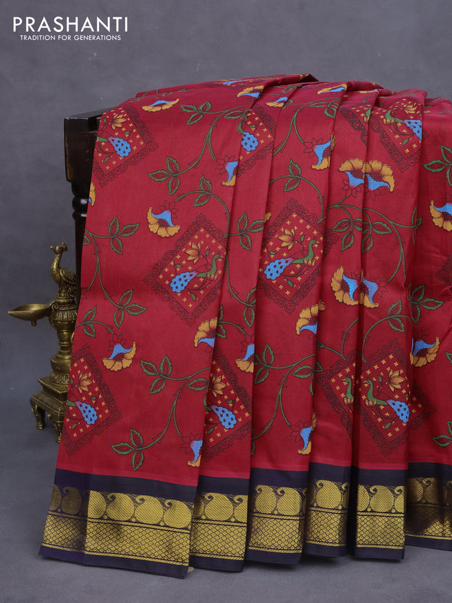 Silk cotton saree red and navy blue with allover kalamkari prints and paisley zari woven border