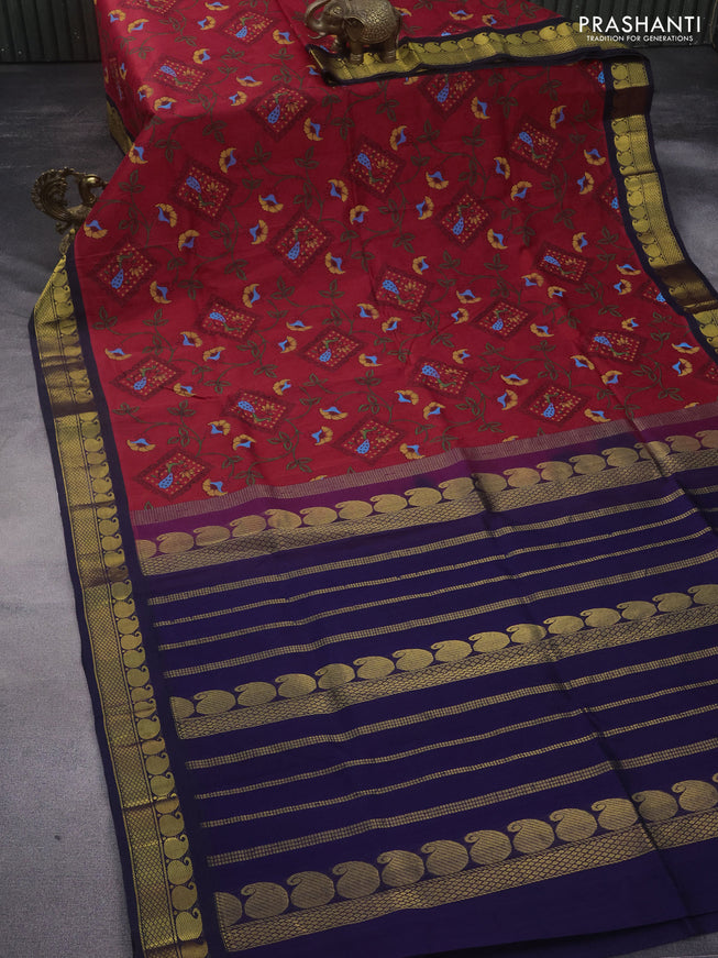 Silk cotton saree red and navy blue with allover kalamkari prints and paisley zari woven border