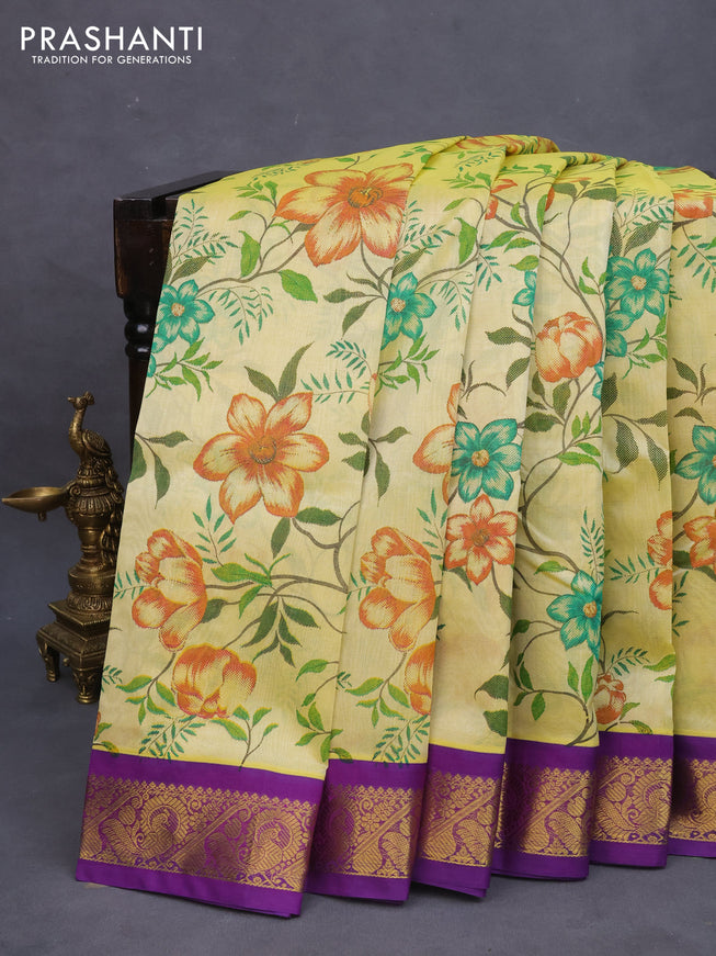 Silk cotton saree pale yellow and violet with allover kalamkari prints and rich zari woven korvai border