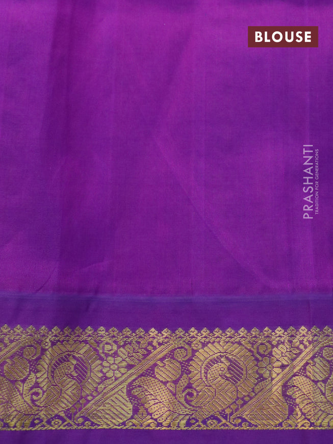 Silk cotton saree pale yellow and violet with allover kalamkari prints and rich zari woven korvai border