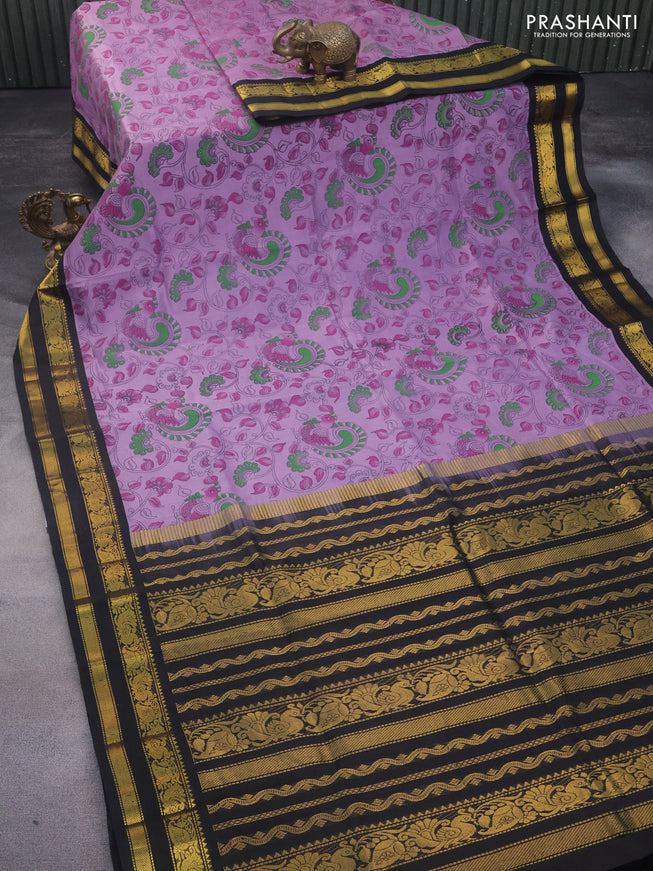 Silk cotton saree pastel lavender and black with allover kalamkari prints and zari woven korvai border